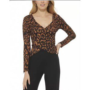 DKNY Women's Printed V-Neck Faux-Wrap Long-Sleeve Top XL